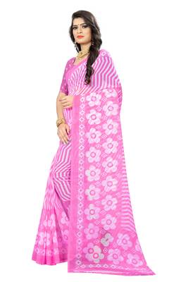 Pink printed chiffon saree with blouse 2