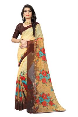 Beige printed chiffon saree with blouse 1
