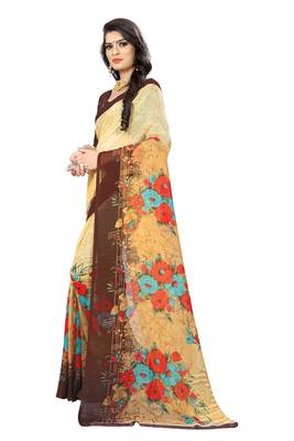 Beige printed chiffon saree with blouse 2