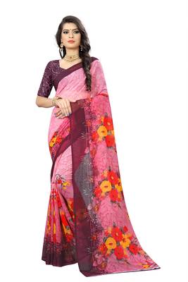 Pink printed chiffon saree with blouse 1