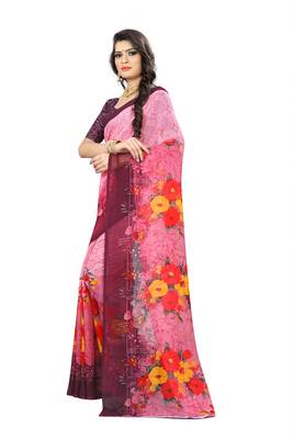 Pink printed chiffon saree with blouse 2