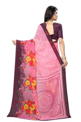 Pink printed chiffon saree with blouse 3