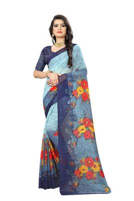 Blue printed chiffon saree with blouse 1