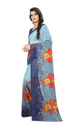 Blue printed chiffon saree with blouse 2