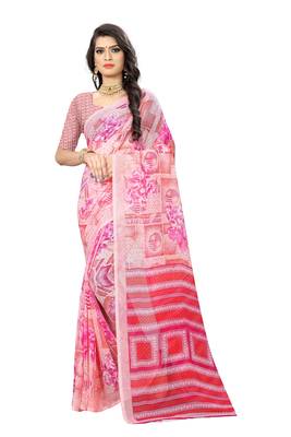 Pink printed chiffon saree with blouse 1