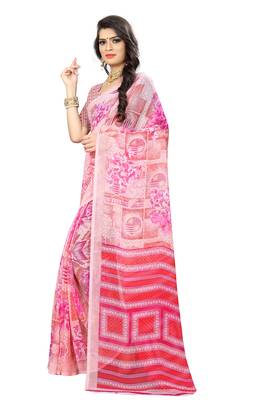 Pink printed chiffon saree with blouse 2