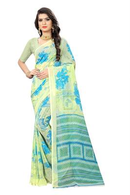 Green printed chiffon saree with blouse 1