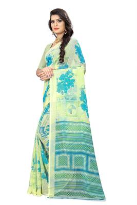 Green printed chiffon saree with blouse 2