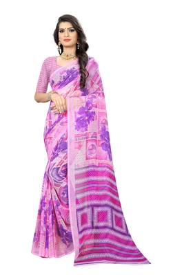 Pink printed chiffon saree with blouse 1