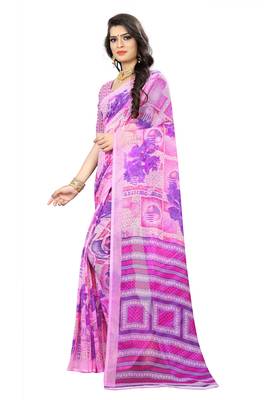 Pink printed chiffon saree with blouse 2