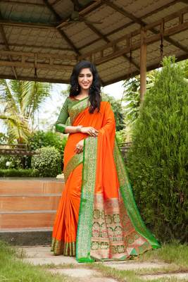 orange woven art silk saree with blouse 1