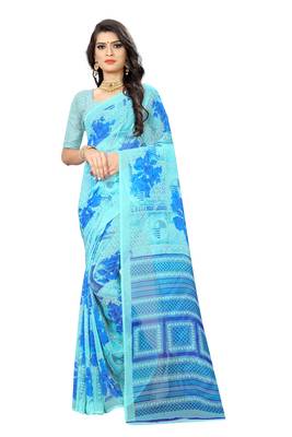 Sky blue printed chiffon saree with blouse 1