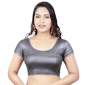 Grey Short Sleeves Lycra Princess Cut Stretchable Readymade Saree Blouse 1