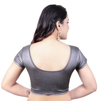 Grey Short Sleeves Lycra Princess Cut Stretchable Readymade Saree Blouse 2