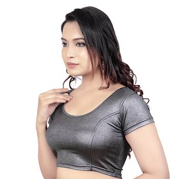 Grey Short Sleeves Lycra Princess Cut Stretchable Readymade Saree Blouse 3