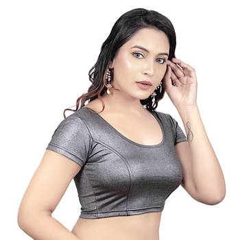 Grey Short Sleeves Lycra Princess Cut Stretchable Readymade Saree Blouse 4