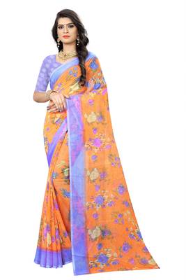 Orange printed chiffon saree with blouse 1