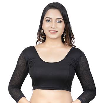 Black 3/4 Net Sleeves Lycra Princess Cut Stretchable Readymade Saree Blouse 1