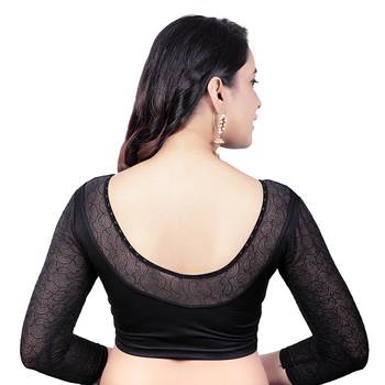 Black 3/4 Net Sleeves Lycra Princess Cut Stretchable Readymade Saree Blouse 2