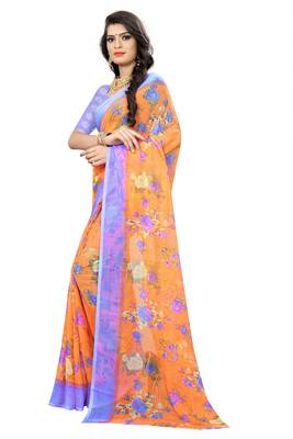 Orange printed chiffon saree with blouse 2