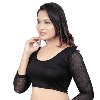 Black 3/4 Net Sleeves Lycra Princess Cut Stretchable Readymade Saree Blouse 3