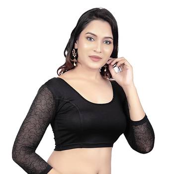 Black 3/4 Net Sleeves Lycra Princess Cut Stretchable Readymade Saree Blouse 4