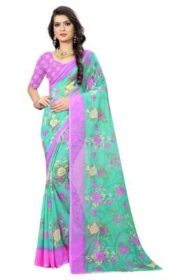 Turquoise printed chiffon saree with blouse 1