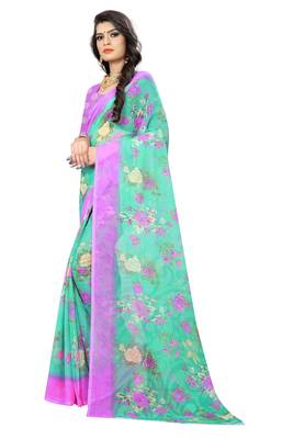 Turquoise printed chiffon saree with blouse 2