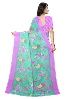 Turquoise printed chiffon saree with blouse 3