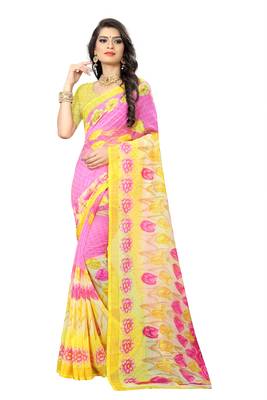 Pink printed chiffon saree with blouse 1