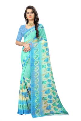 Turquoise printed chiffon saree with blouse 1