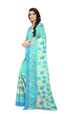 Turquoise printed chiffon saree with blouse 2