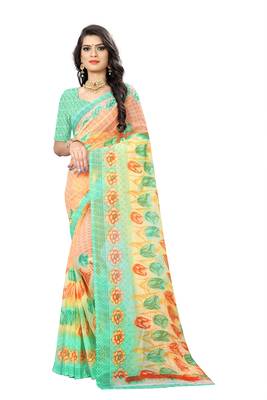 Orange printed chiffon saree with blouse 1