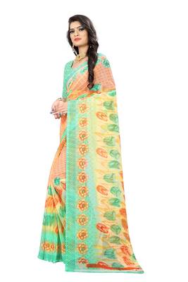 Orange printed chiffon saree with blouse 2