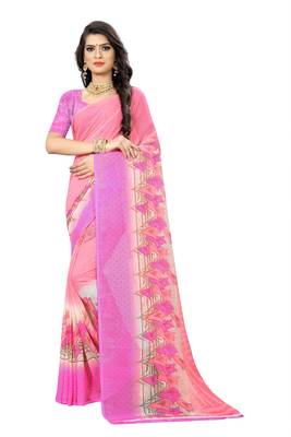 Pink printed chiffon saree with blouse 1