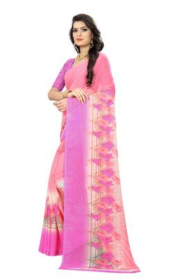 Pink printed chiffon saree with blouse 2