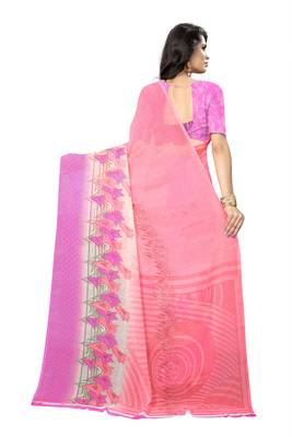 Pink printed chiffon saree with blouse 3
