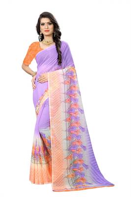 Purple printed chiffon saree with blouse 1