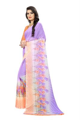 Purple printed chiffon saree with blouse 2