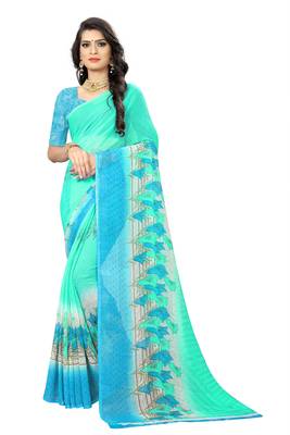 Turquoise printed chiffon saree with blouse 1