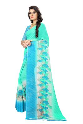 Turquoise printed chiffon saree with blouse 2