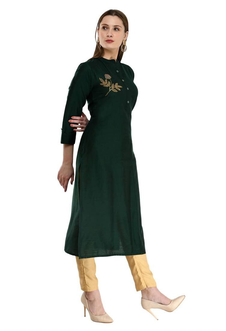 Women Embroidered Poly Silk Straight Kurta