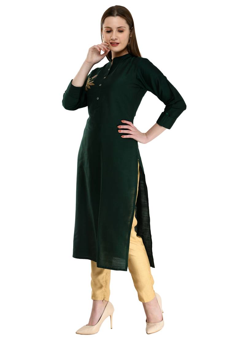 Women Embroidered Poly Silk Straight Kurta