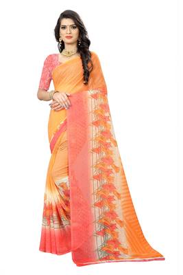 Orange printed chiffon saree with blouse 1