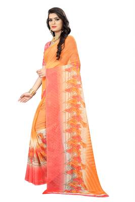 Orange printed chiffon saree with blouse 2