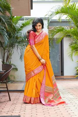 Yellow woven art silk saree with blouse 1