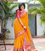 Yellow woven art silk saree with blouse