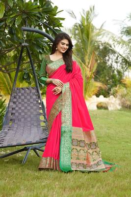 pink woven art silk saree with blouse 1