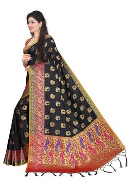 Black Woven Banarasi Silk Saree With Blouse 3