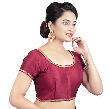 Maroon Dupion Silk Princess Cut Padded Short Sleeves Readymade Saree Blouse 4